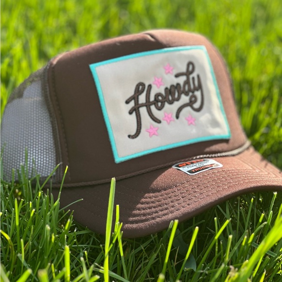 HOWDY SnapBack / trucker hat- western brown and turquoise patch hat - Picture 2 of 3